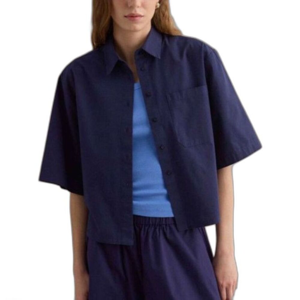 Piombo Women's NWT Navy Boxy Linen Blend Oversized Button Up Shirt Size 6